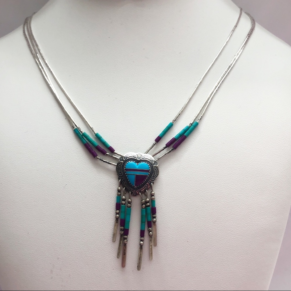 Southwestern Liquid Silver Inlay Turquoise Sugilite Sterling Heart Necklace - Picture 2 of 12